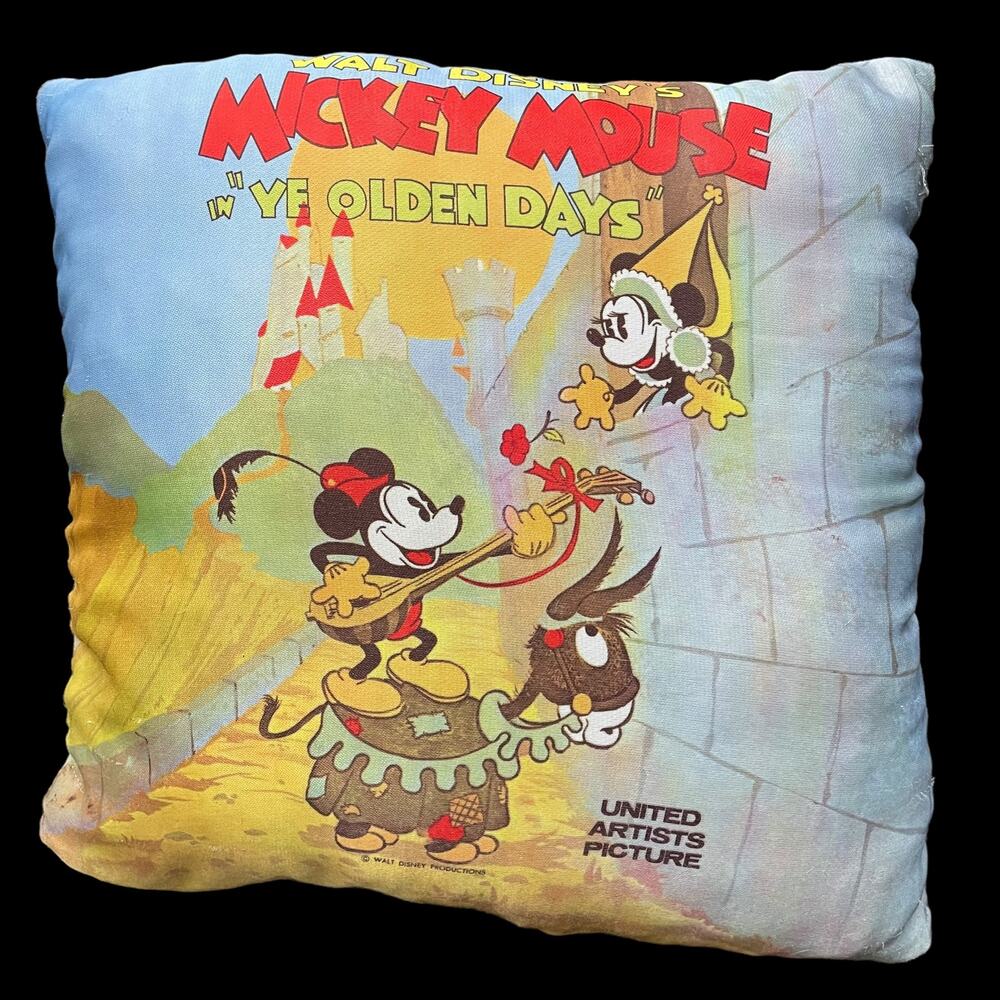 Vintage 1960s Disney Pillow Mickey Mouse Ye Olden Days Throw RARE Bedding FLAW